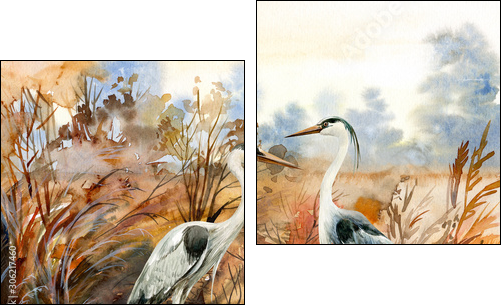 autumn landscape with birds  crane, watercolor illustration - Zweiteiliges Leinwandbild, Diptychon