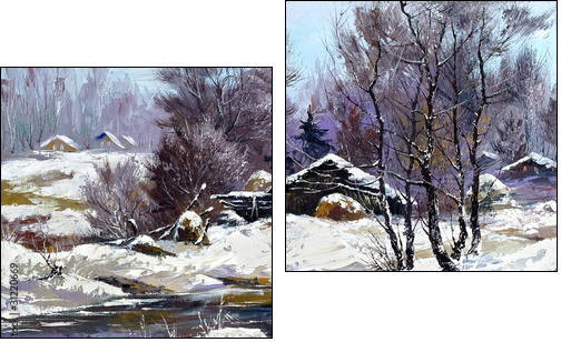 Small house in winter village - Zweiteiliges Leinwandbild, Diptychon