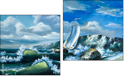 Lonely sailing vessel in the storming sea - Zweiteiliges Leinwandbild, Diptychon