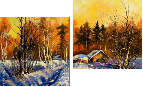Evening in winter village - Zweiteiliges Leinwandbild, Diptychon