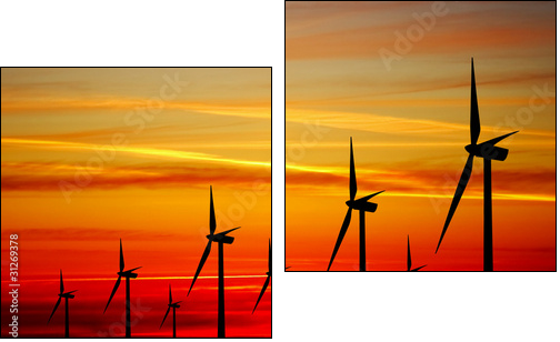 Wind turbines farm at sunset - Zweiteiliges Leinwandbild, Diptychon
