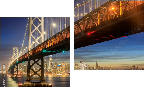 Western Span of San Francisco-Oakland Bay Bridge and San Francisco Waterfront in Blue Hour. Shot from Yerba Buena Island, San Francisco, California, USA. - Zweiteiliges Leinwandbild, Diptychon