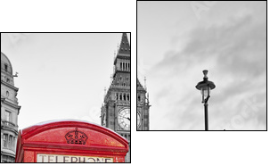 Red phone booth in London with the Big Ben in black and white - Zweiteiliges Leinwandbild, Diptychon