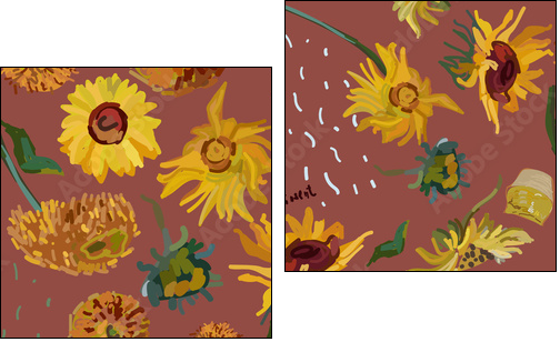 Sunflower flowers on a background of sea green. Vector illustration based on the painting of Van Gogh. - Zweiteiliges Leinwandbild, Diptychon