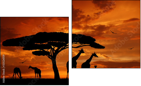 herd of giraffes in the setting sun - Zweiteiliges Leinwandbild, Diptychon