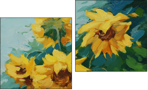 field with sunflowers drawn on a canvas oil,  illustration, pain - Zweiteiliges Leinwandbild, Diptychon
