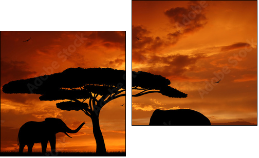 Silhouette two elephants in the sunset - Zweiteiliges Leinwandbild, Diptychon