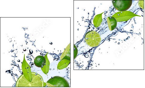 Limes falling in water splash, isolated on white background - Zweiteiliges Leinwandbild, Diptychon