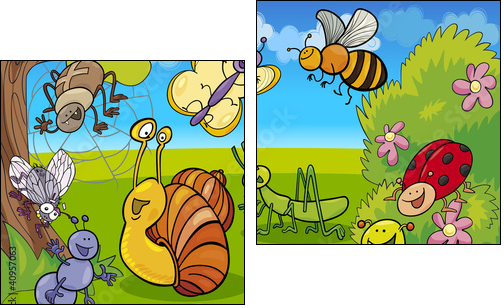 cartoon insects on the meadow - Zweiteiliges Leinwandbild, Diptychon