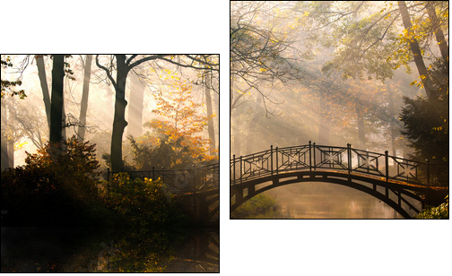 Autumn - Old bridge in autumn misty park - Zweiteiliges Leinwandbild, Diptychon