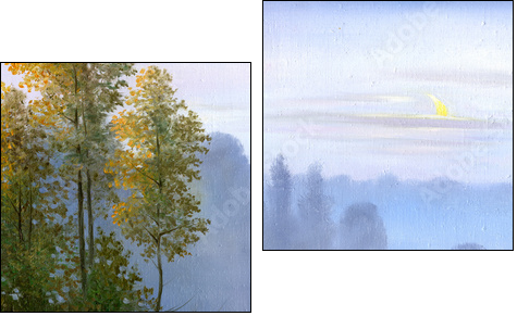 the boat on the bank of the lake, a canvas, oil - Zweiteiliges Leinwandbild, Diptychon