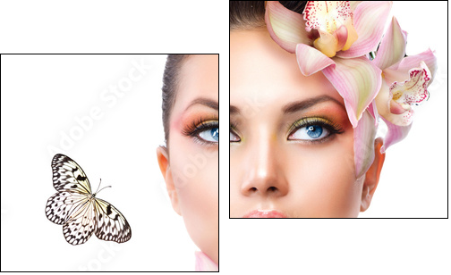 Beautiful Girl With Orchid Flowers and Butterfly - Zweiteiliges Leinwandbild, Diptychon