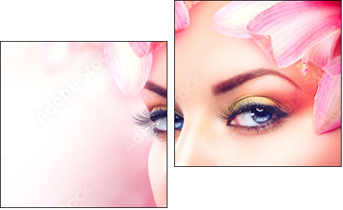 Beautiful Girl With Orchid Flowers. Beauty Woman Face - Zweiteiliges Leinwandbild, Diptychon