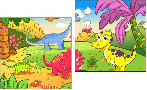 Cute dinosaurs in prehistoric scene - Zweiteiliges Leinwandbild, Diptychon