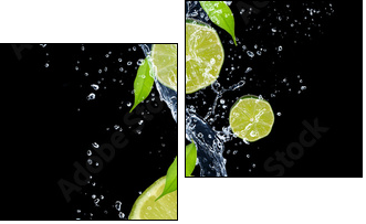Limes in water splash, isolated on black background - Zweiteiliges Leinwandbild, Diptychon