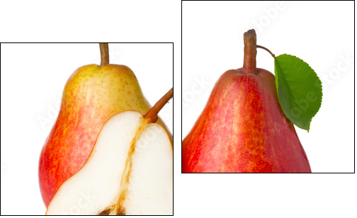 Ripe red pear fruits with green leaves isolated - Zweiteiliges Leinwandbild, Diptychon