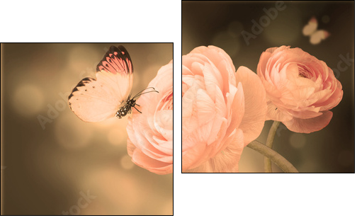 Bouquet of pink roses against a dark background  butterfly - Zweiteiliges Leinwandbild, Diptychon