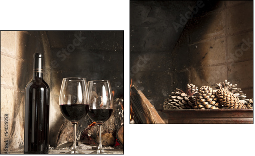 Copas de vino y botella de vino tinto, mano, brindis - Zweiteiliges Leinwandbild, Diptychon
