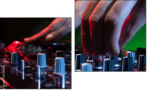 DJ at work. Close-up of DJ hands making music - Zweiteiliges Leinwandbild, Diptychon