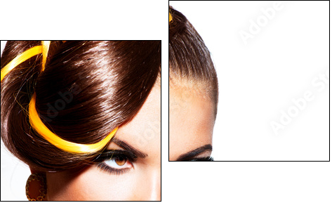 Fashion Model Girl Portrait with Yellow and Orange Makeup - Zweiteiliges Leinwandbild, Diptychon