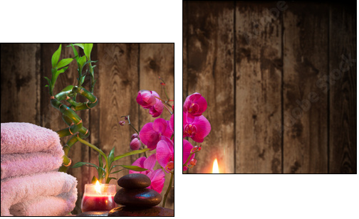 massage - bamboo - orchid, towels, candles stones - Zweiteiliges Leinwandbild, Diptychon