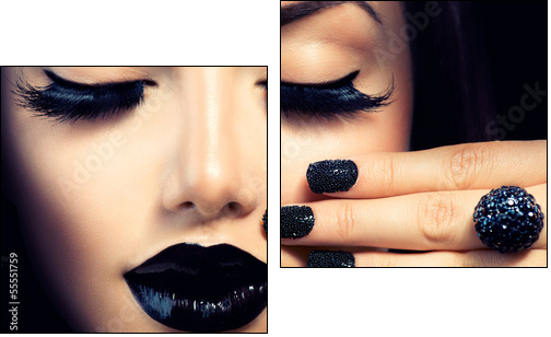 Beauty Fashion Girl with Trendy Caviar Black Manicure and Makeup - Zweiteiliges Leinwandbild, Diptychon
