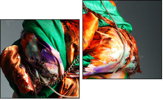 photo of redheaded girl in a head-dress from the coloured fabric - Zweiteiliges Leinwandbild, Diptychon
