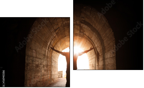 Man stands inside of old dark tunnel - Zweiteiliges Leinwandbild, Diptychon