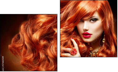 Long Curly Red Hair. Fashion Woman Portrait - Zweiteiliges Leinwandbild, Diptychon