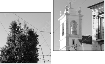 Lisbon old yellow tram over black and white background - Zweiteiliges Leinwandbild, Diptychon