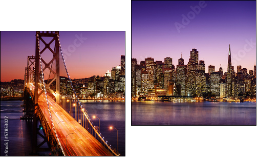 San Francisco skyline and Bay Bridge at sunset, California - Zweiteiliges Leinwandbild, Diptychon
