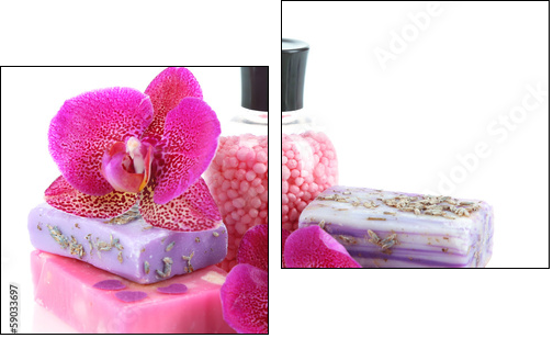Sea salt, soap and orchid isolated on white - Zweiteiliges Leinwandbild, Diptychon