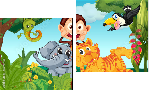 Five animals at the forest - Zweiteiliges Leinwandbild, Diptychon