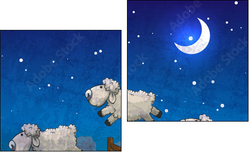 Three sheep  jumping over the fence. Count them to sleep. - Zweiteiliges Leinwandbild, Diptychon