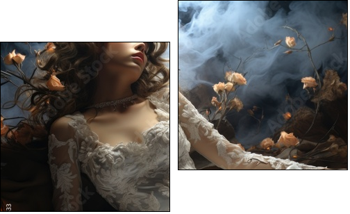 Elegant creative wedding dress on gorgeous model, style appeal luxe , excellent look, white dress, beautiful interior design, glamorous looking . - Zweiteiliges Leinwandbild, Diptychon