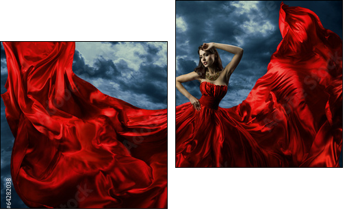 Woman in red evening dress, waving gown with flying long fabric - Zweiteiliges Leinwandbild, Diptychon