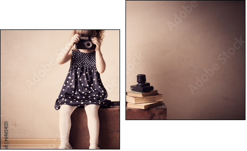 little girl with retro camera on  suitcase indoor - Zweiteiliges Leinwandbild, Diptychon