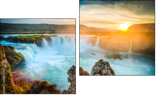 Iceland, Godafoss at sunset, beautiful waterfall, long exposure - Zweiteiliges Leinwandbild, Diptychon