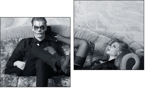 young man and woman on the sofa. makeup in Halloween theme - Zweiteiliges Leinwandbild, Diptychon