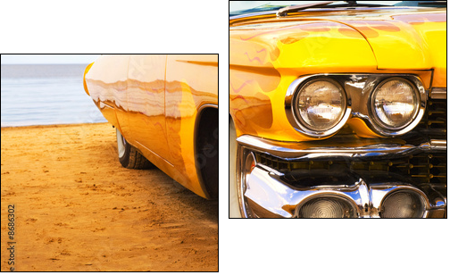Classic yellow flame painted Cadillac at beach - Zweiteiliges Leinwandbild, Diptychon