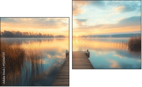 Serene lakeside landscape with a wooden dock, calm waters, and a pastel-colored sky, ideal for peaceful retreat themes - Zweiteiliges Leinwandbild, Diptychon