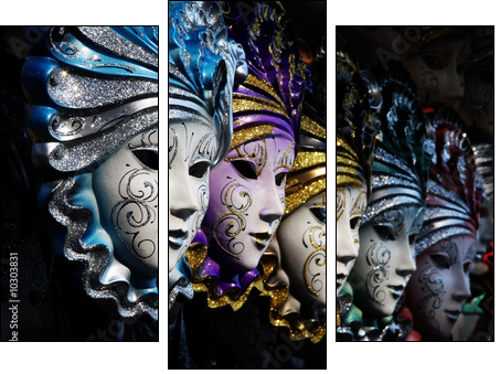 Row of venetian masks in gold and blue - Dreiteiliges Leinwandbild, Triptychon