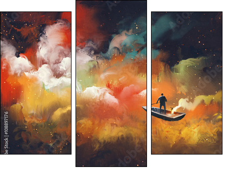 man on a boat in the outer space with colorful cloud,illustration - Dreiteiliges Leinwandbild, Triptychon
