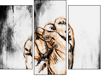 fist drawing, pencil sketch on paper, Color effect. - Dreiteiliges Leinwandbild, Triptychon