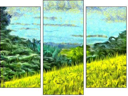 grass filled hillside against a background of trees and a blue sky - Dreiteiliges Leinwandbild, Triptychon