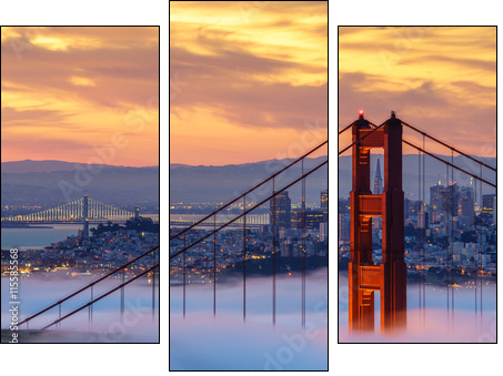 Early morning low fog at Golden Gate Bridge - Dreiteiliges Leinwandbild, Triptychon
