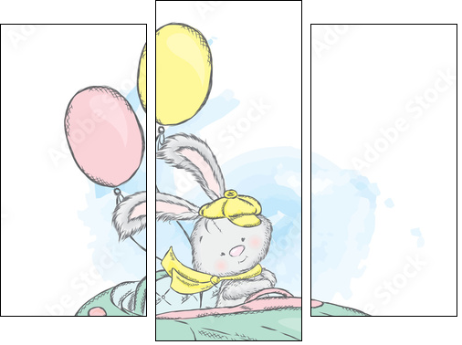 Honey Bunny in a car. Vector illustration for a card or poster. Print on clothes. Charming hare. - Dreiteiliges Leinwandbild, Triptychon