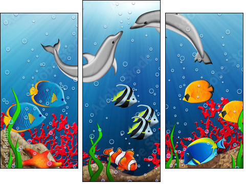 Underwater world with dolphins and tropical fishes - Dreiteiliges Leinwandbild, Triptychon
