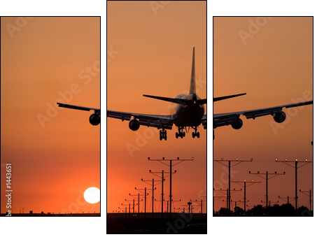 sunset jet landing 3 - Dreiteiliges Leinwandbild, Triptychon