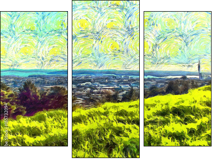 grass filled hillside against a background of trees and a blue sky with clouds - Dreiteiliges Leinwandbild, Triptychon